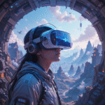 A gamer in a futuristic headset exploring an open-world game with vibrant, cinematic landscapes, showcasing branching narratives and hyper-realistic graphics.