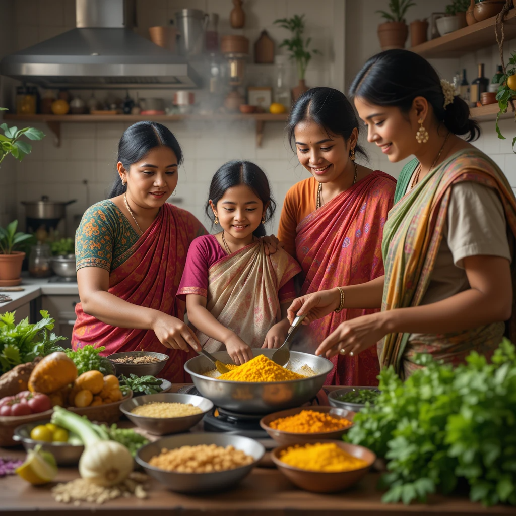 A vibrant kitchen scene with multi-generational Indian family cooking a traditional meal with millet, turmeric, and fresh vegetables, symbolizing healthy lifestyle habits. 